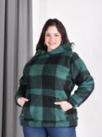 Canguro cuadrillé bifaz para mujer en talle especial color verde con capucha y bolsillos