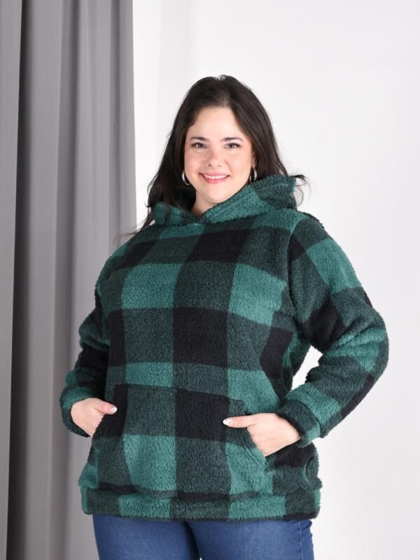 Canguro cuadrillé bifaz para mujer en talle especial color verde con capucha y bolsillos
